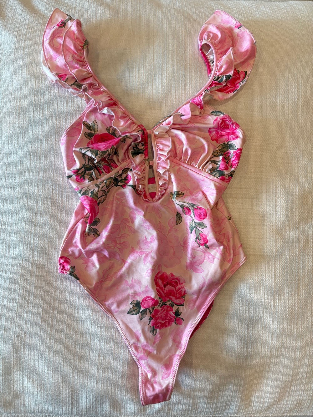 Loveshackfancy Pink Floral Ruffle One-Piece Swimsuit